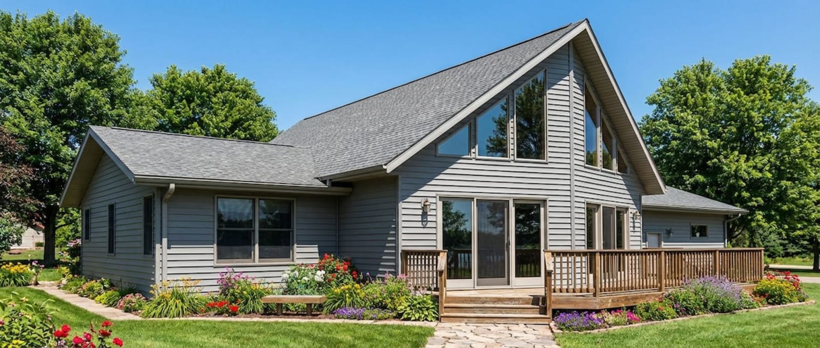 Light gray Chalet-style modular home by Wisconsin Homes in Marshfield, WI with angled roofline and flower-lined deck.