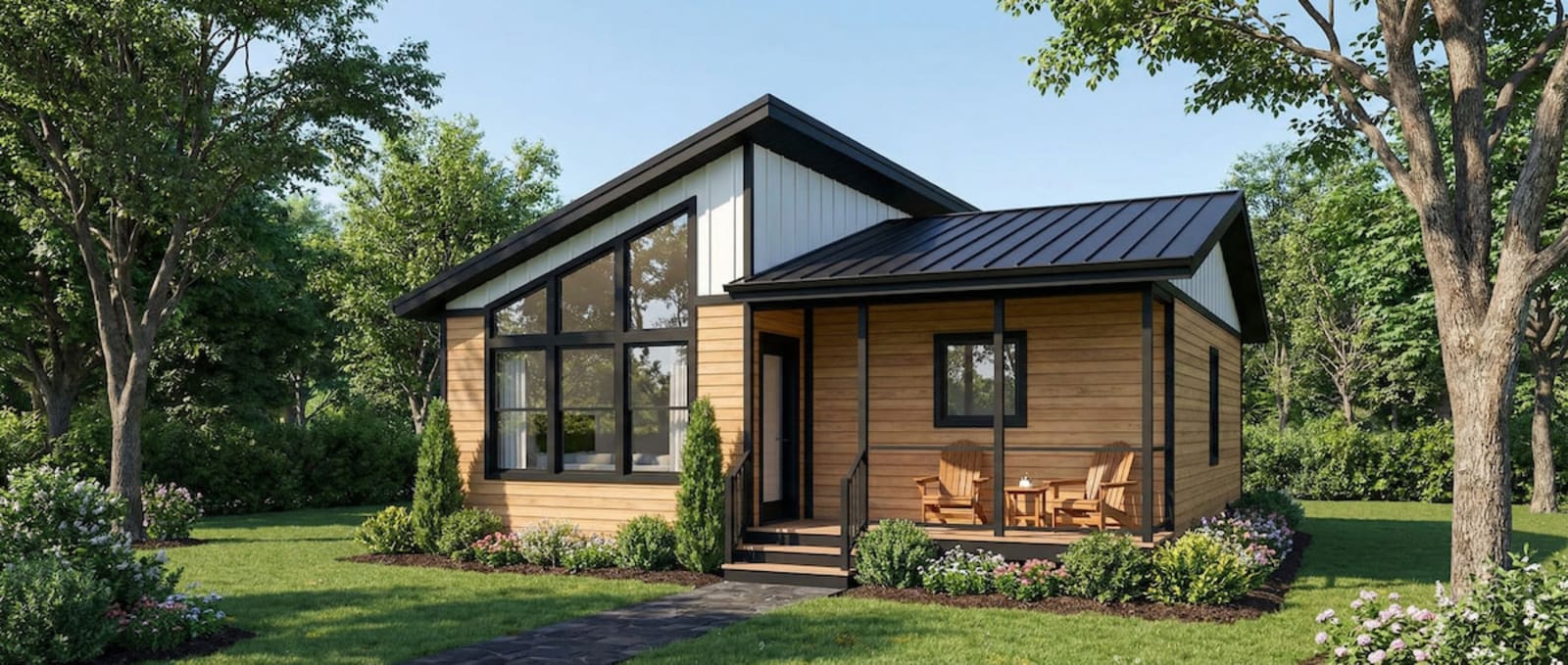 Modern cottage-style modular home by Wisconsin Homes in Marshfield, WI featuring wood siding, black metal roof, large windows, and a cozy front porch with Adirondack chairs.