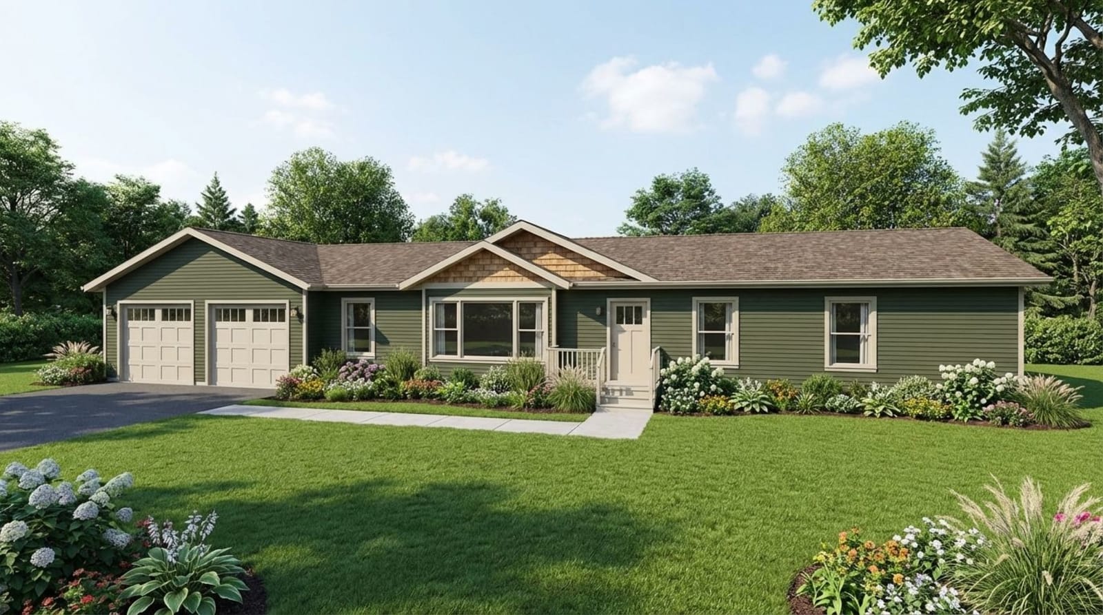 Single-story green modular ranch home with attached garage built by Wisconsin Homes in Marshfield, WI.