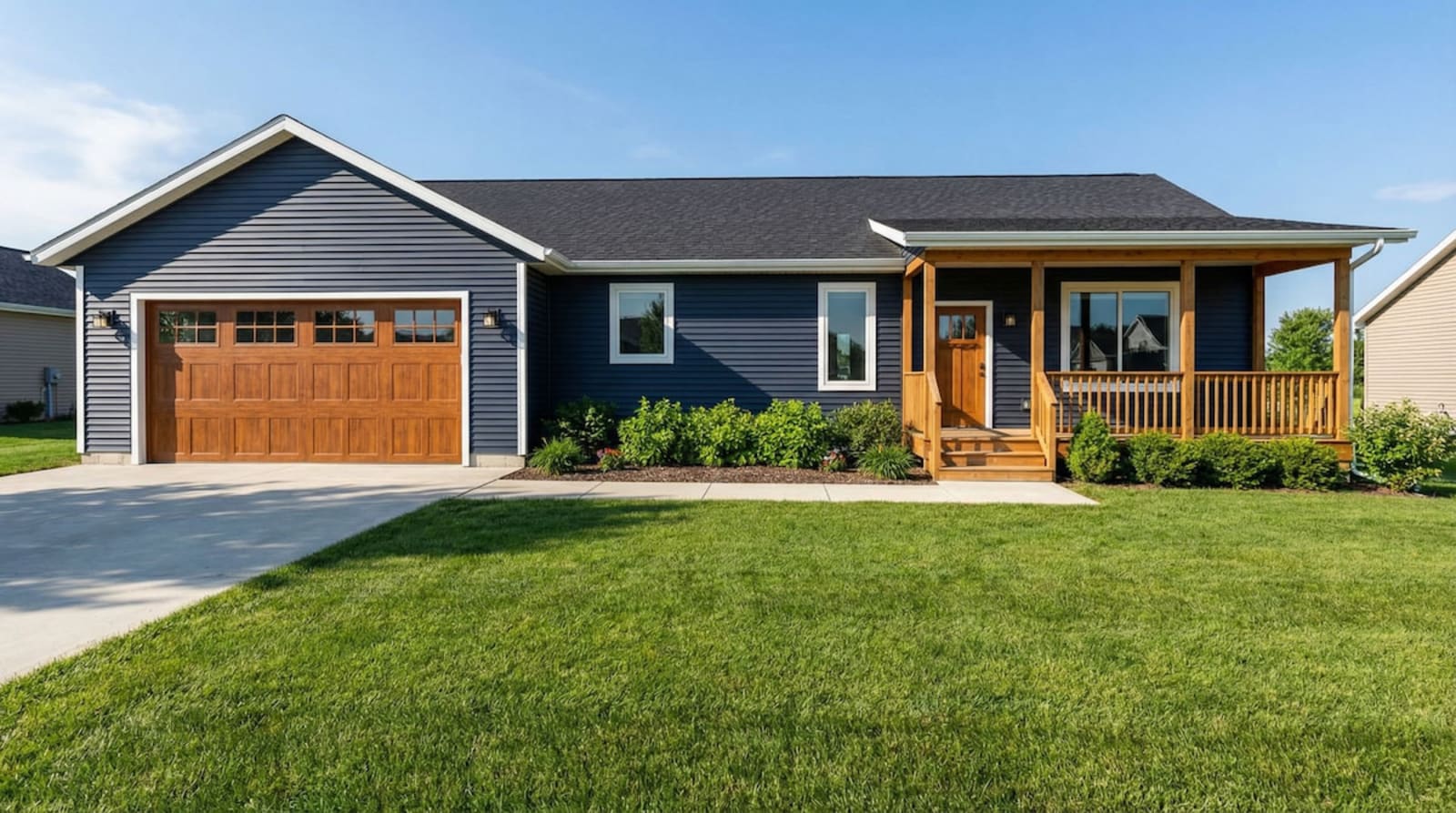 Navy blue cottage-style modular home by Wisconsin Homes in Marshfield, WI, featuring a two-car garage with wood-look doors, a matching wood front porch with railings and steps, and neatly landscaped front yard with green shrubs.