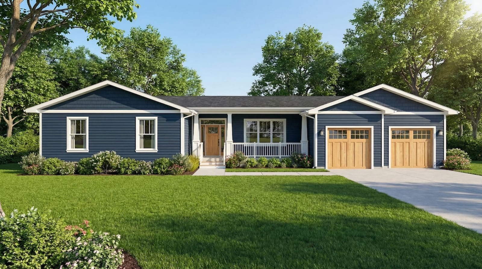 Navy blue ranch-style modular home by Wisconsin Homes with natural wood garage doors and white porch trim in Marshfield, WI.