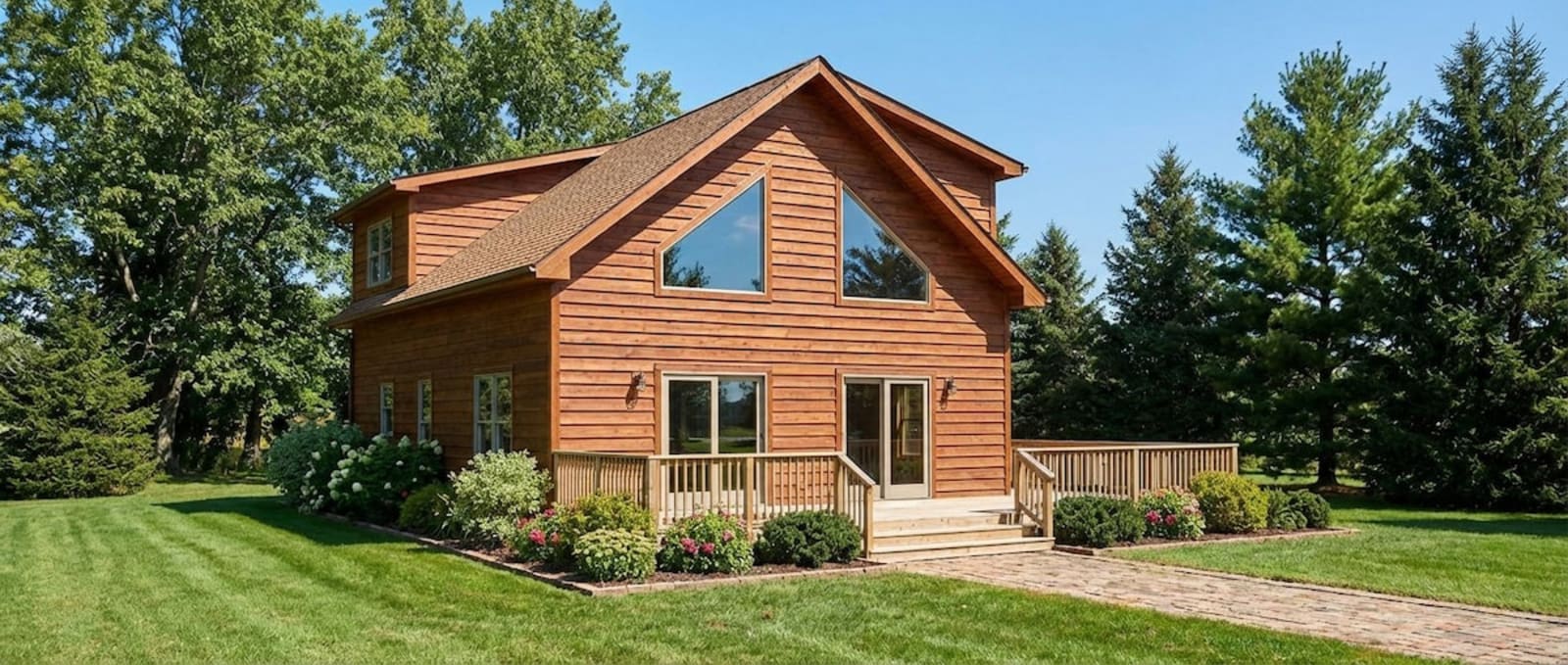 Rustic Chalet-style modular home by Wisconsin Homes in Marshfield, WI with natural wood siding and large front windows.