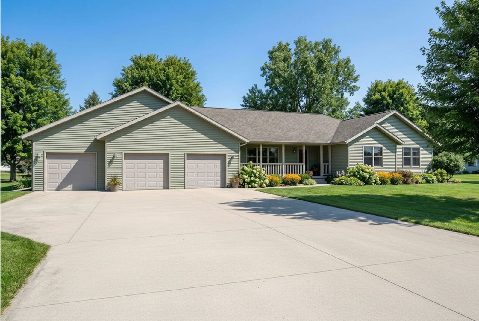 Sage green ranch-style modular home by Wisconsin Homes with triple garage and covered front porch in Marshfield, WI.