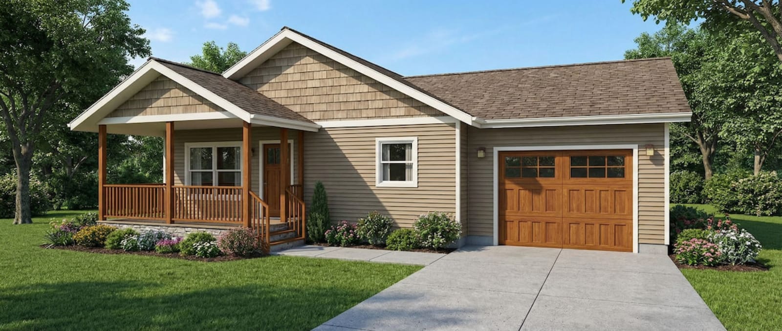 Tan cottage-style modular home by Wisconsin Homes in Marshfield, WI, featuring a single-car garage with a wood-style door, a covered front porch with wooden columns and railing, and beautifully landscaped garden beds.