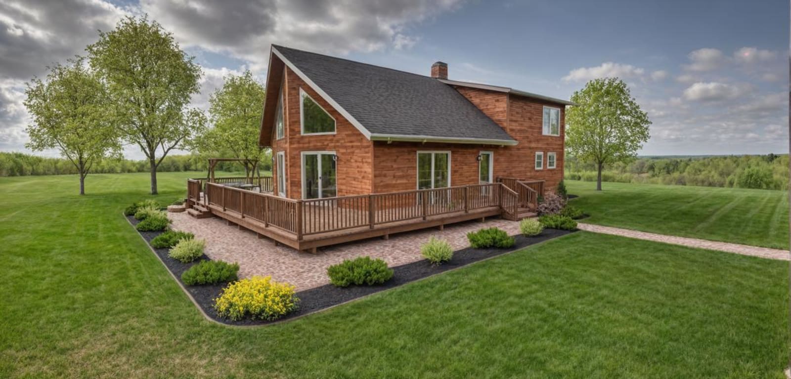 Wood-sided modern chalet featuring large triangular windows, a wraparound deck, brick walkways, and neatly landscaped greenery in a spacious open yard.
