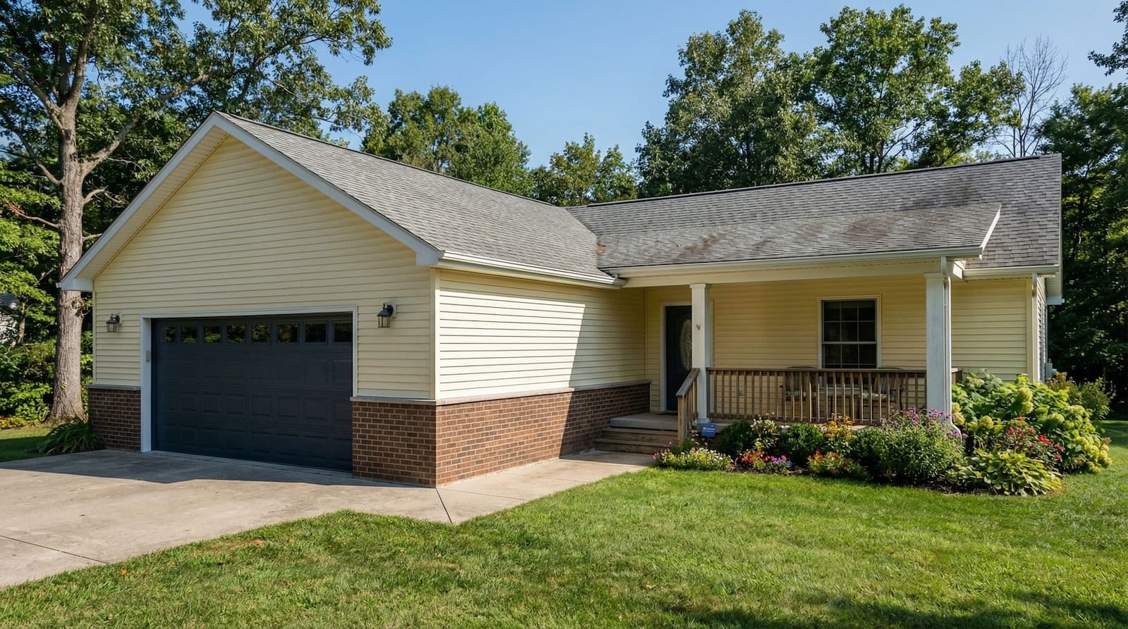 Yellow modular home with dark garage door, brick skirt, covered porch, and flower garden by Wisconsin Homes in Marshfield, WI.