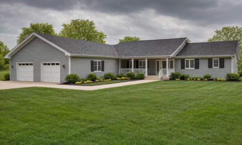 Gray cottage-style home with white trim, black shutters, a covered front porch, and attached two-car garage.