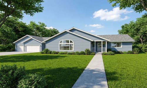 Light blue ranch-style modular home by Wisconsin Homes with large arched front window and attached garage in Marshfield, WI.