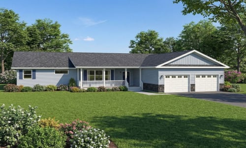 Light blue ranch-style modular home by Wisconsin Homes with stone accents, white trim, and front porch in Marshfield, WI.