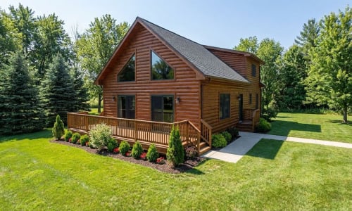 Chalet-style modular home by Wisconsin Homes in Marshfield, WI featuring log siding, large windows, and wood deck.