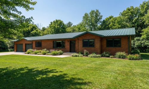 Log-style modular ranch home by Wisconsin Homes with green metal roof and natural wood exterior in Marshfield, WI.