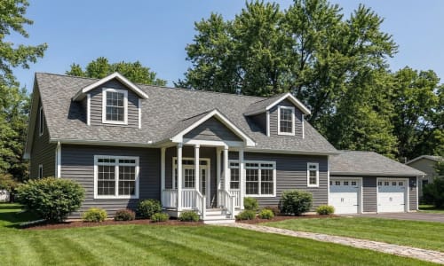 Cape Cod style modular home by Wisconsin Homes in Marshfield, WI with gray siding and attached garage.