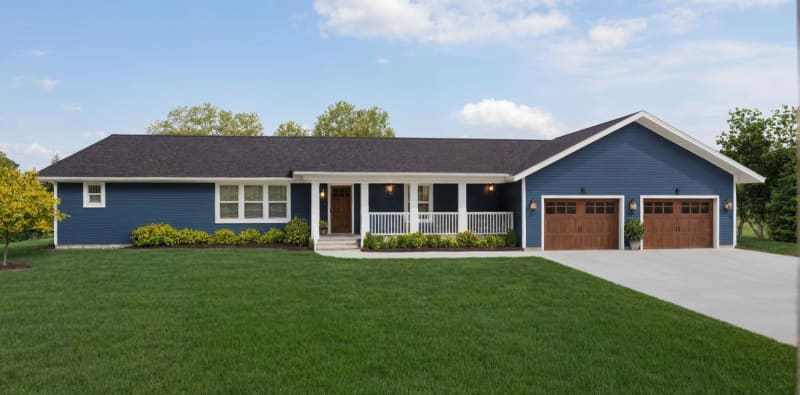 Blue ranch-style house with a covered front porch, dark roof, and two wooden garage doors, surrounded by green lawn and light landscaping.