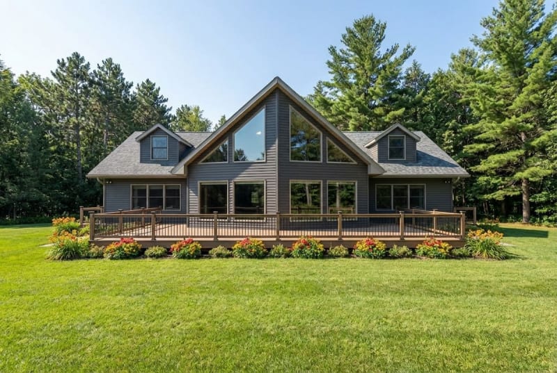 Gray Chalet-style modular home by Wisconsin Homes in Marshfield, WI with full front deck and floor-to-ceiling windows.