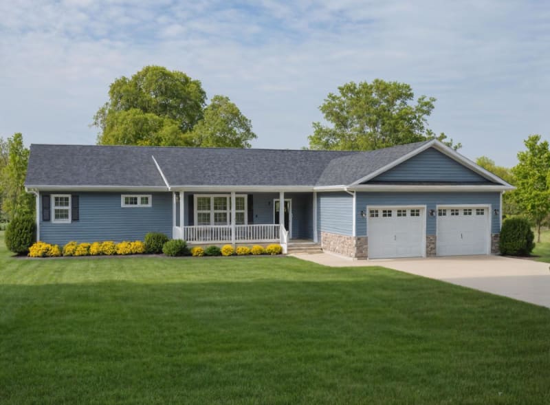 Light blue ranch-style house with a front porch, two-car garage, stone accents on the lower facade, and manicured lawn with yellow shrubs.