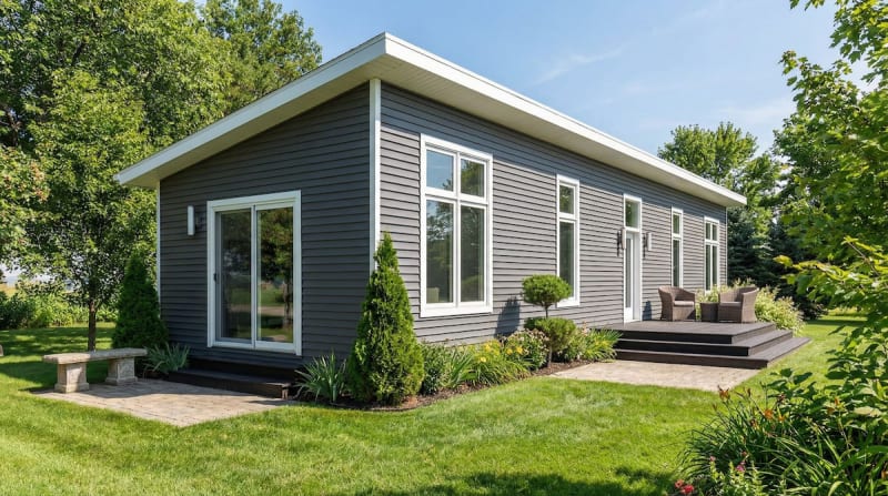 Modern gray cottage-style modular home by Wisconsin Homes in Marshfield, WI featuring flat roof, tall windows, and garden patio.