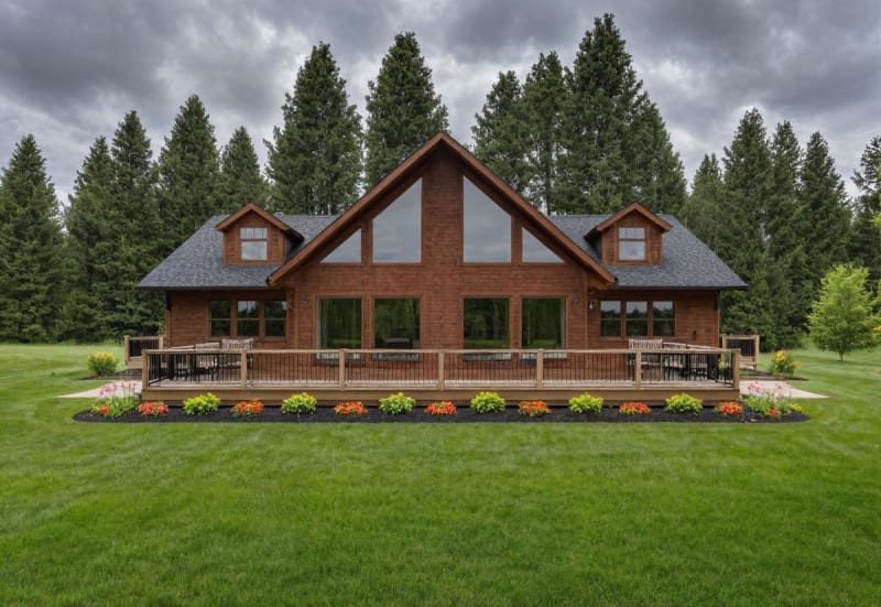 Contemporary chalet-style home with a steep gable roof, expansive triangular windows, a full-length wraparound deck, and landscaped flower beds on a lush green lawn.