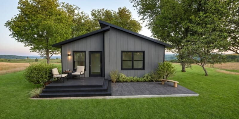 Minimalist dark-gray cabin with a front deck, black-trimmed windows, outdoor seating, and surrounded by a green lawn and open landscape.