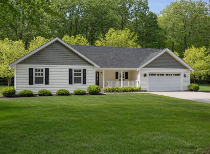White ranch-style home with black shutters, a covered front porch, attached two-car garage, and neatly trimmed shrubs in front of a lush green lawn.
