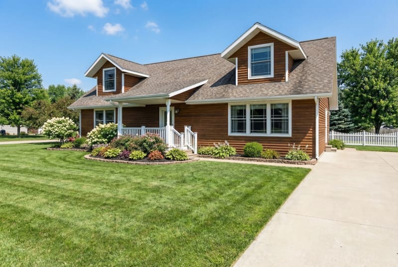 Wood-tone Cape Cod modular home by Wisconsin Homes in Marshfield, WI with front porch and landscaped yard.