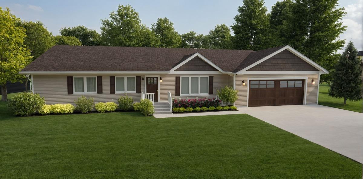 Tan ranch-style house with a dark brown roof, white trim, wood-look garage door, front steps, and a landscaped yard with shrubs and flowers.