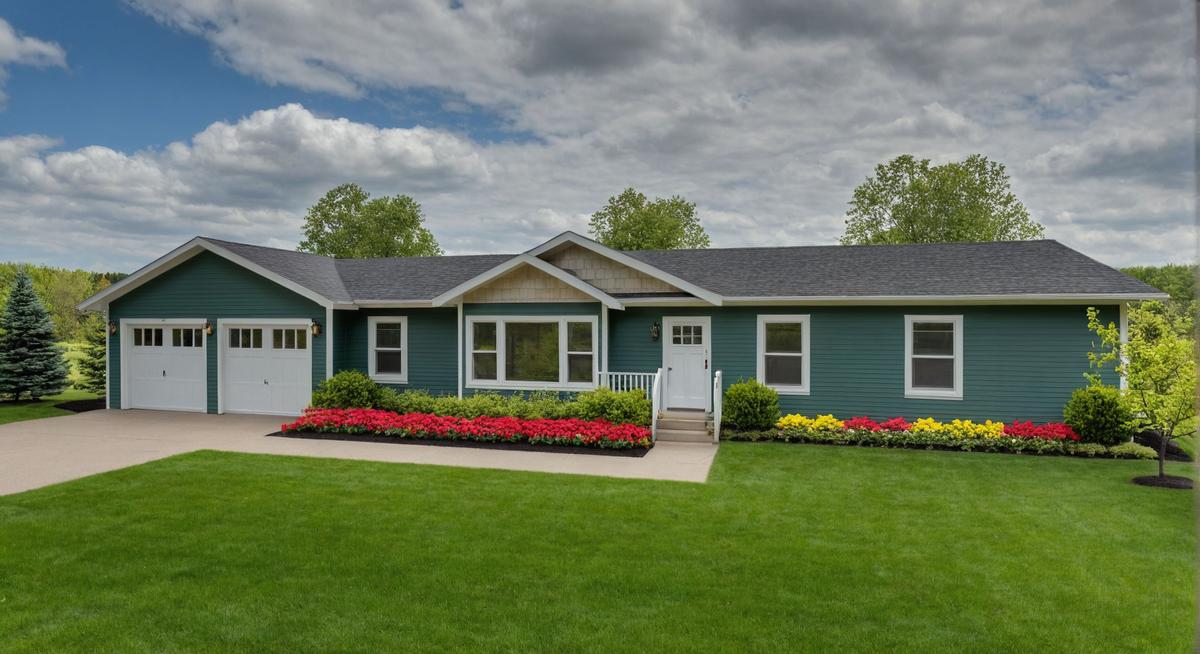 Teal-colored ranch home with white trim, double garage, gable accents, and vibrant landscaping featuring red and yellow flower beds across a lush green lawn.