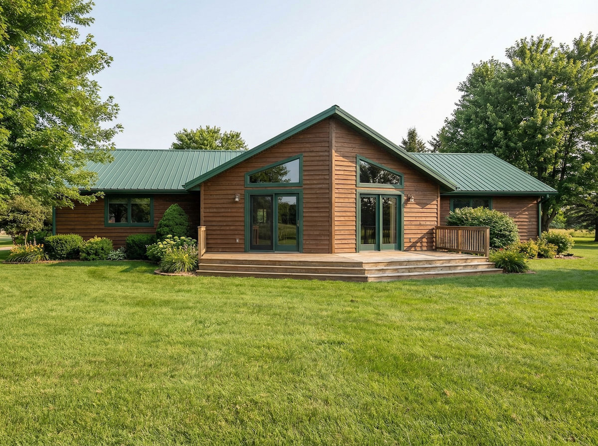 Wood cottage-style modular home by Wisconsin Homes in Marshfield, WI with green metal roof and large back deck.