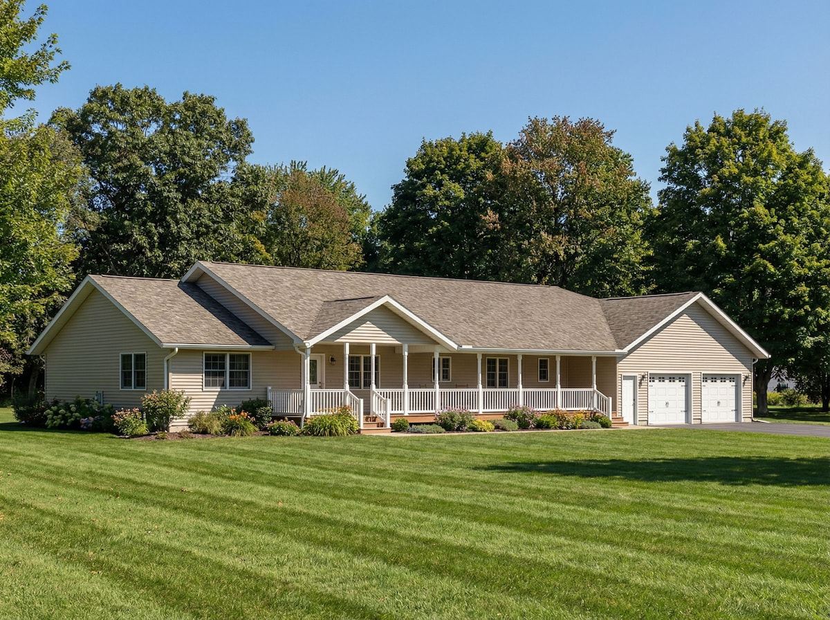 Tan modular ranch home by Wisconsin Homes featuring a wraparound front porch and attached two-car garage in Marshfield, WI.
