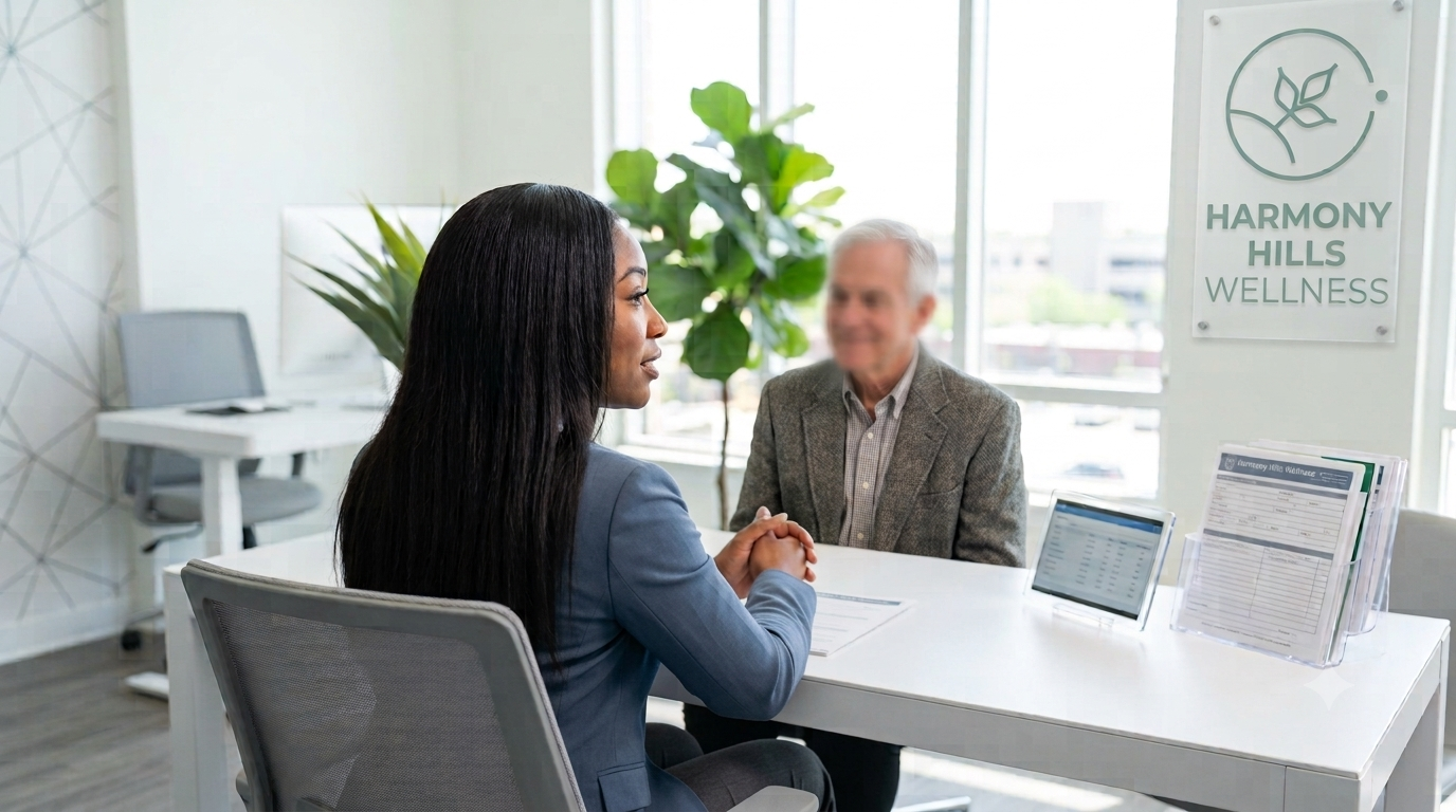 Mental health professional meeting with a patient in a calm, welcoming therapy office.