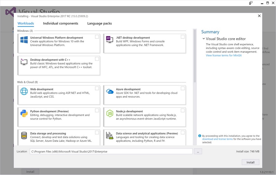 Visual Studio 2017 workloads installations