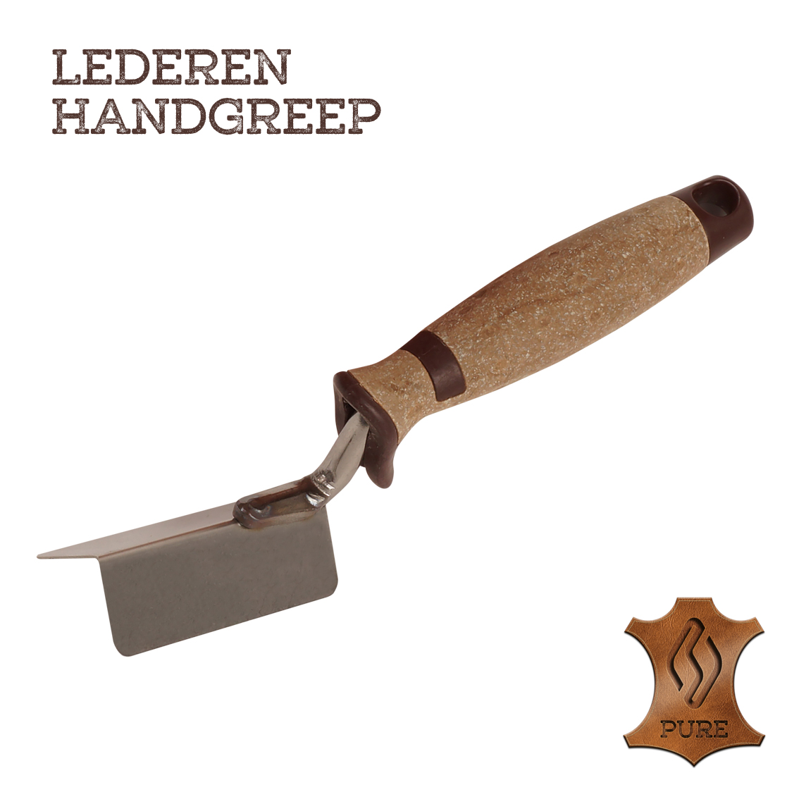 Hoekschop uitwendig scherp 80x60mm RVS lederen handgreep