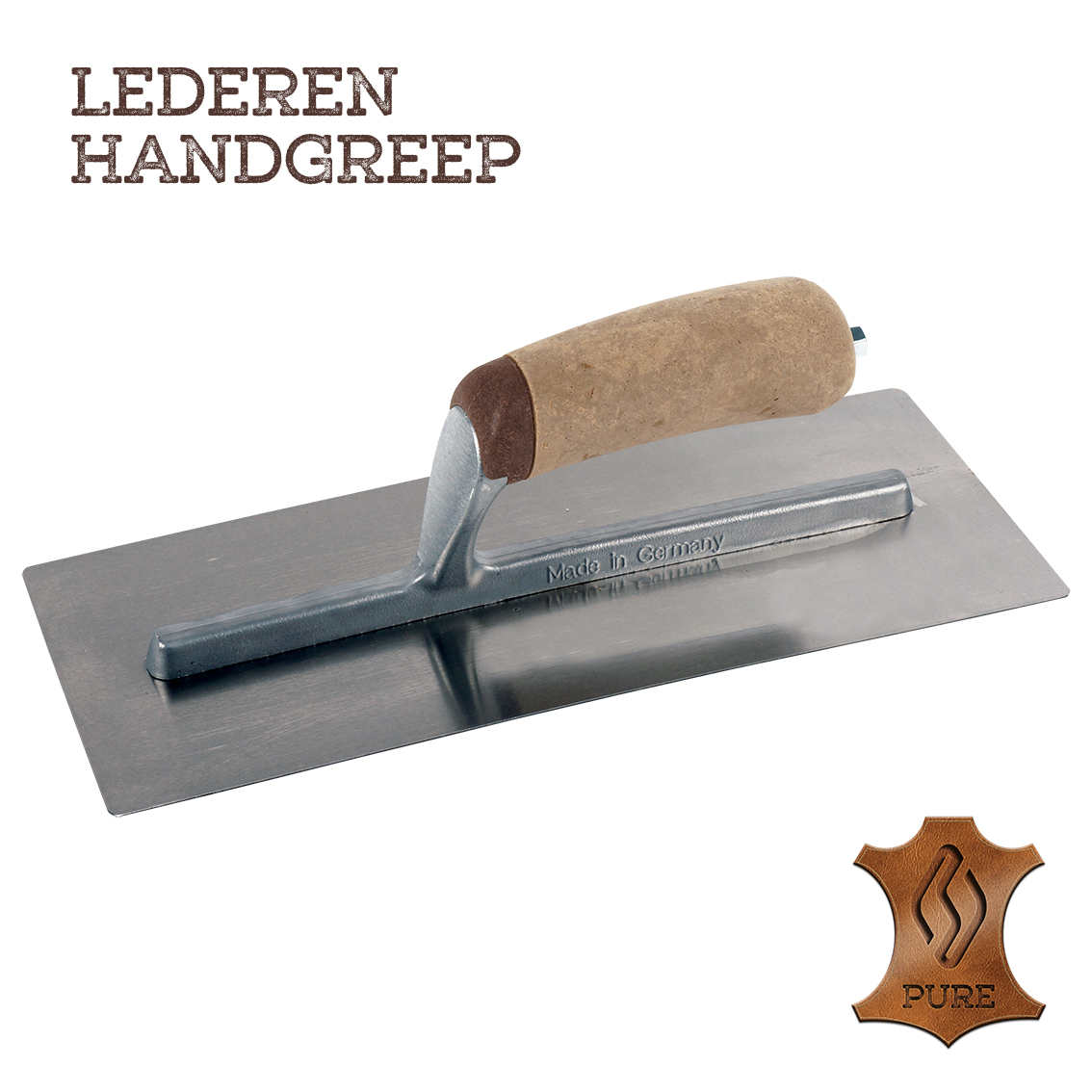 Pleistersp. gebogen 305x120x0,65mm RVS + leren handgreep + afg hoek