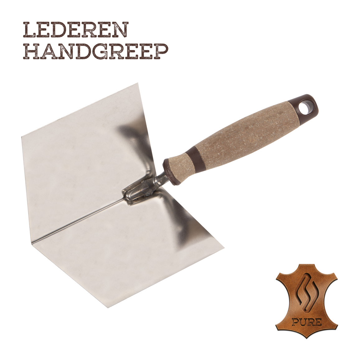 Hoekschop inwendig scherp 100x75mm RVS lederen handgreep