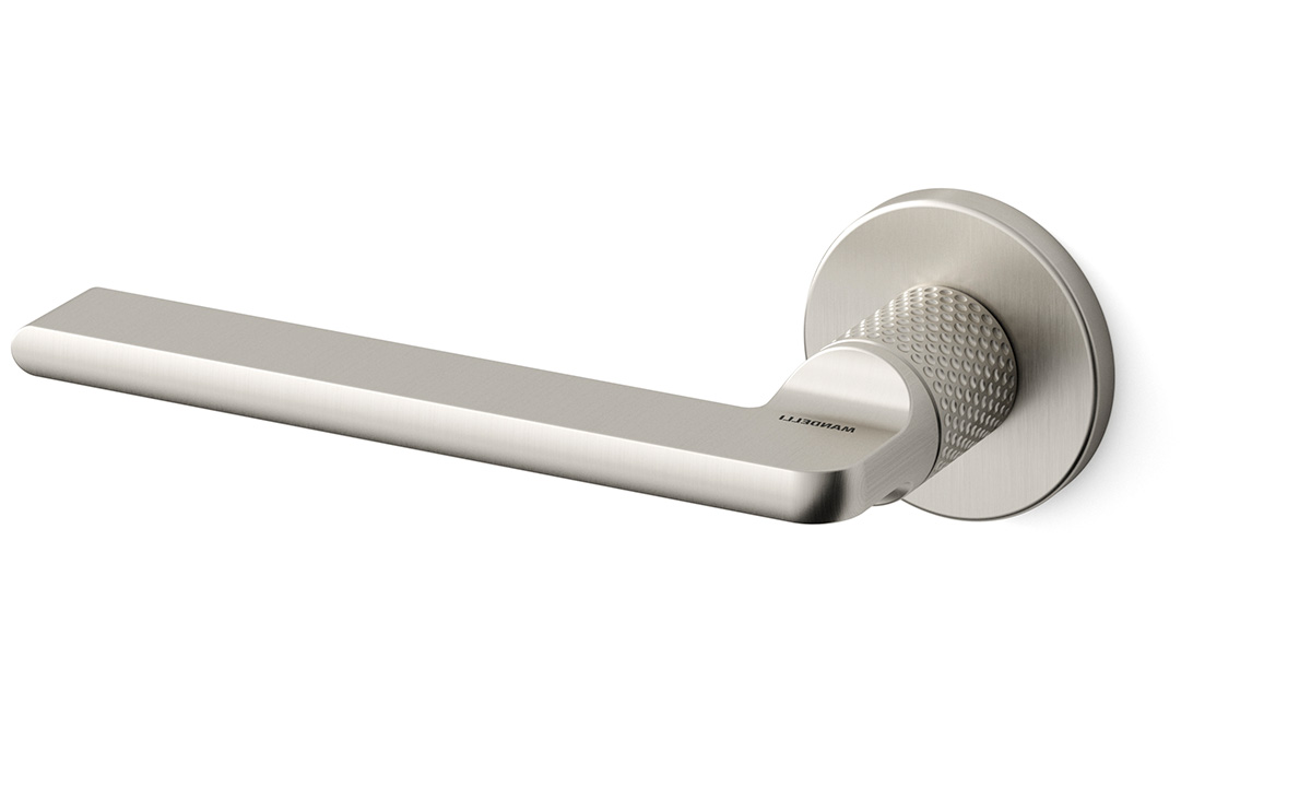 TH Grint deurkruk links 50x6 mm Nikkel gekarteld op rozet