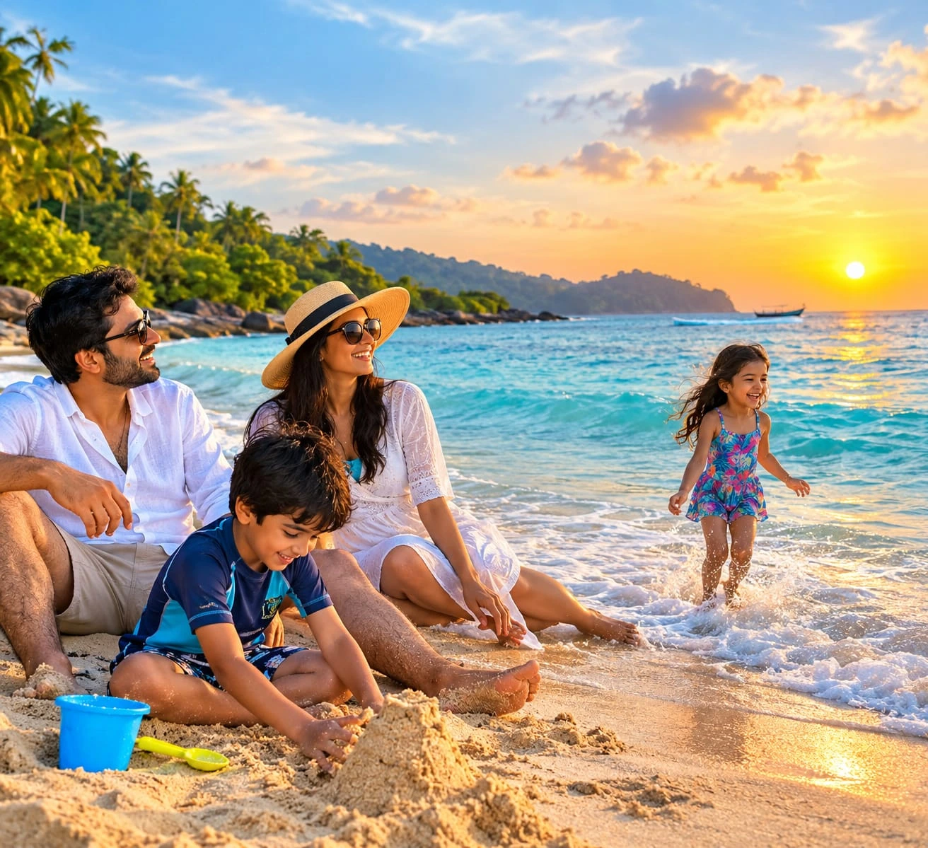 A family group playing beach volleyball on holiday