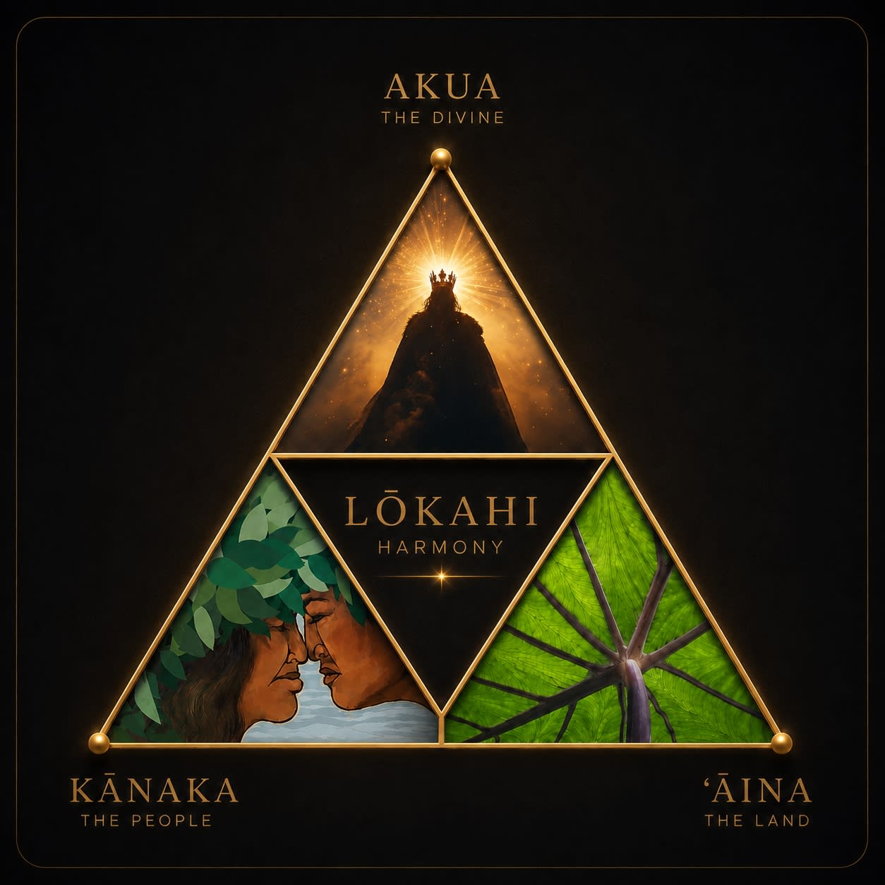 A triangle diagram showing Akua (the Divine), Kānaka (the People), and ʻĀina (the Land) held in balance around Lōkahi (Harmony)