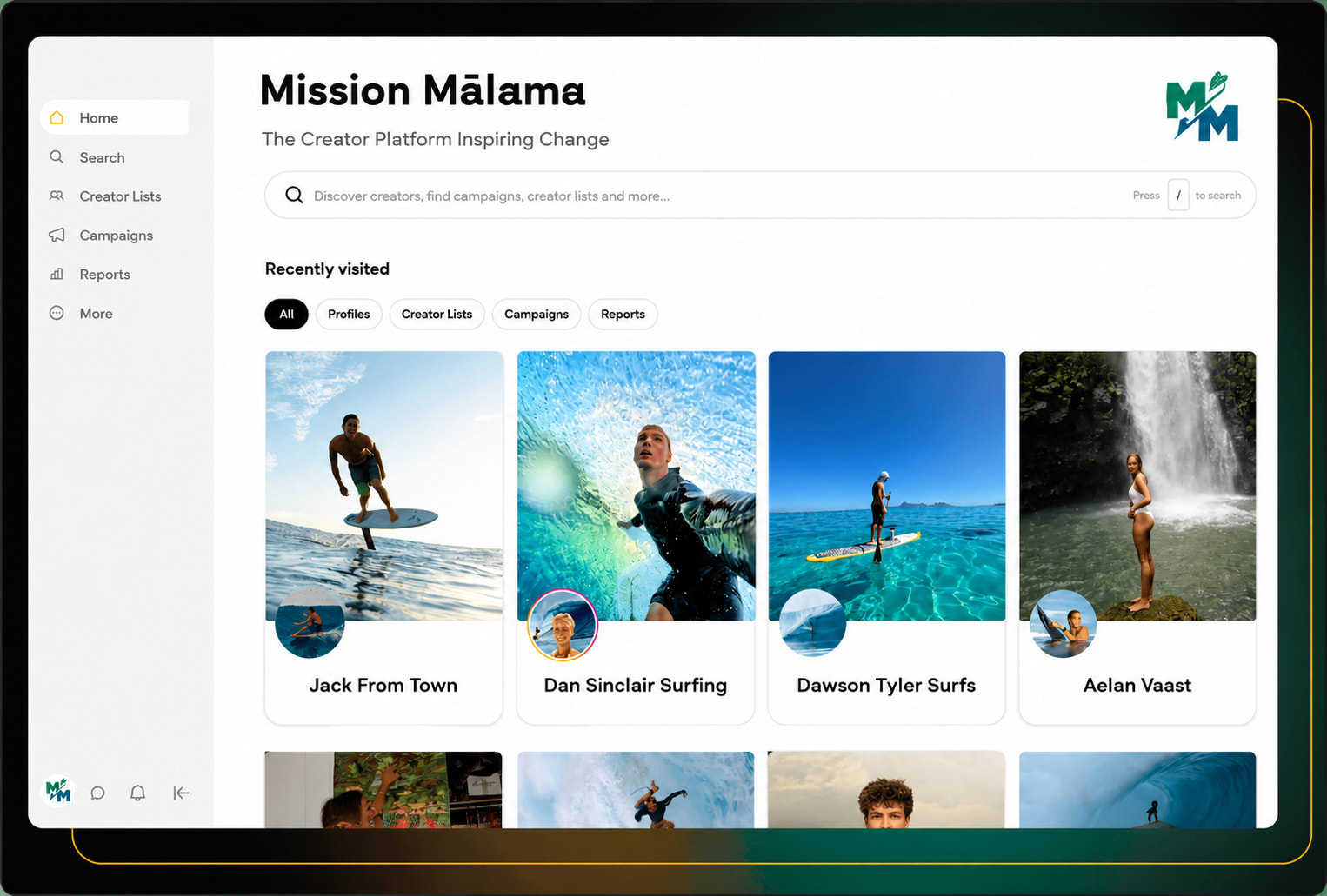 Screenshot of the Mission Mālama creator platform, showing recently visited creator profiles