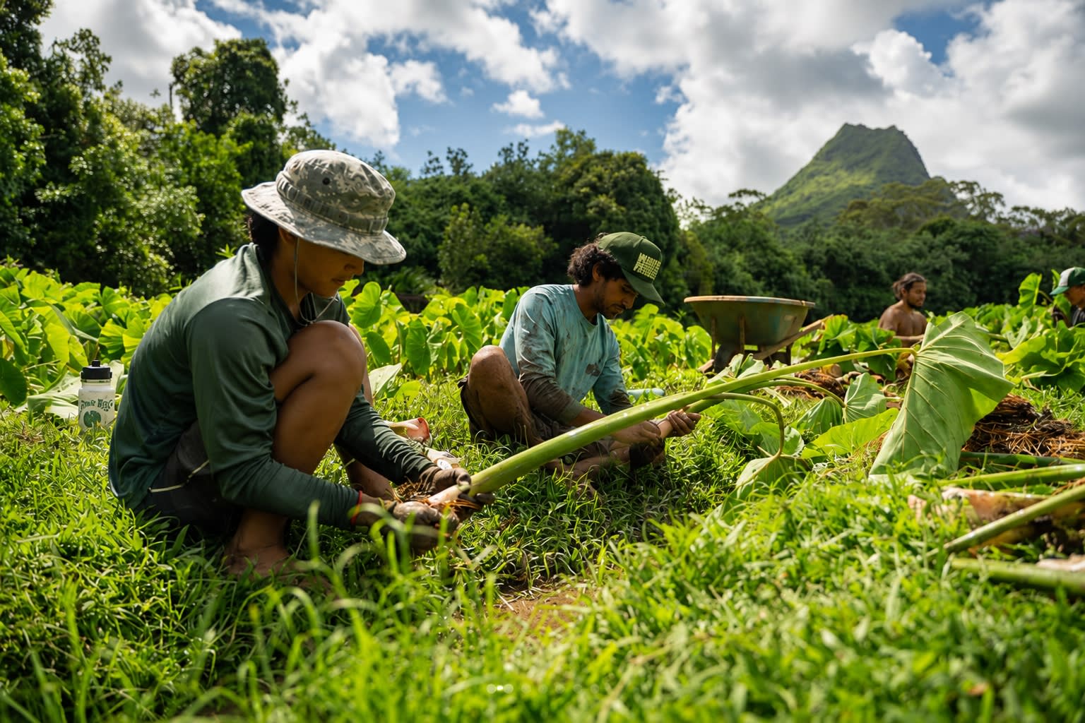 People harvesting kalo in a loʻi, mountains rising behind the field