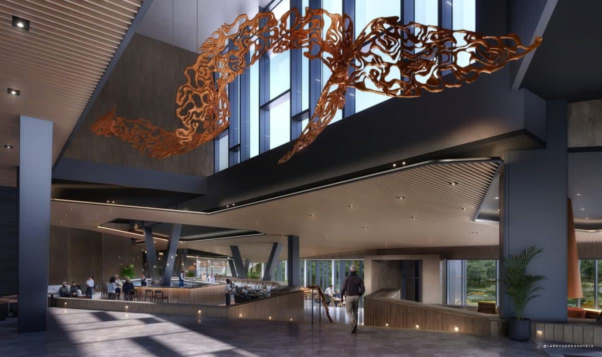 Le hall de The Cormorant at 55 South et son cormoran sculpté par Paola Vezzani