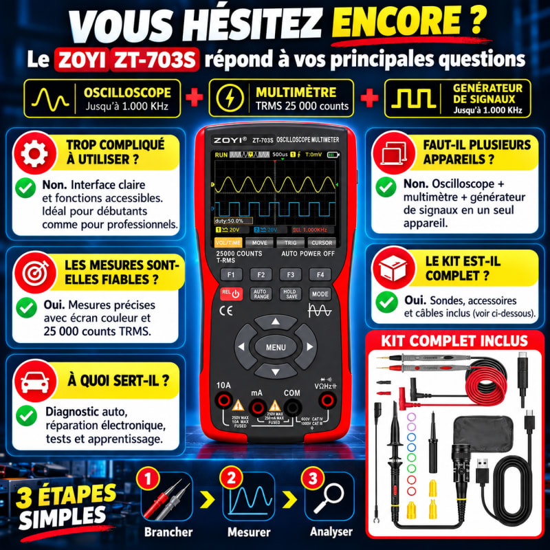 ⚡ Multimètre & Double Oscilloscope Professionnel 3-en-1 : ZOYI ZT-703S (50 MHz / 280 MS/s) 🔬🚗 — photo 3 sur 6