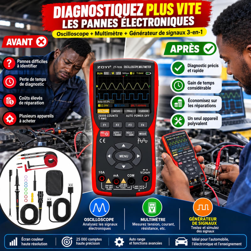 ⚡ Multimètre & Double Oscilloscope Professionnel 3-en-1 : ZOYI ZT-703S (50 MHz / 280 MS/s) 🔬🚗 — photo 1 sur 6