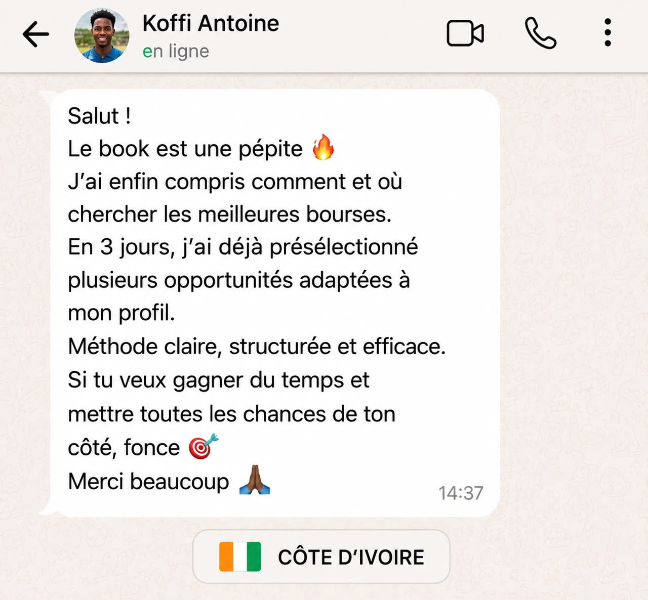 Message WhatsApp d'un lecteur du guide