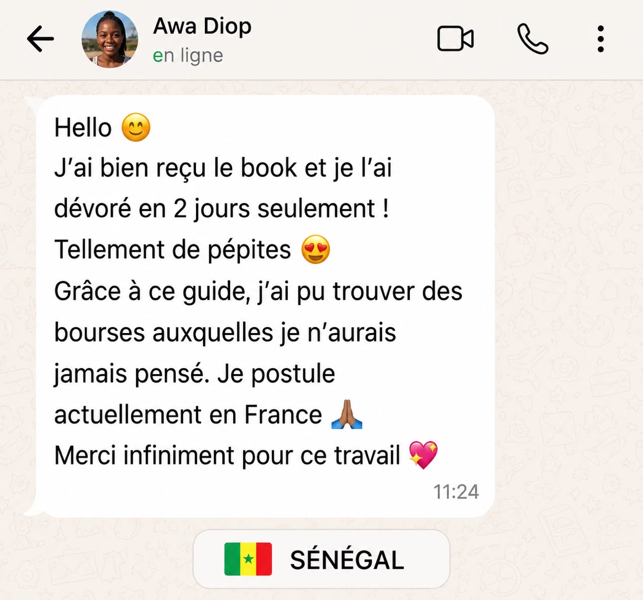 Message WhatsApp d'un lecteur du guide