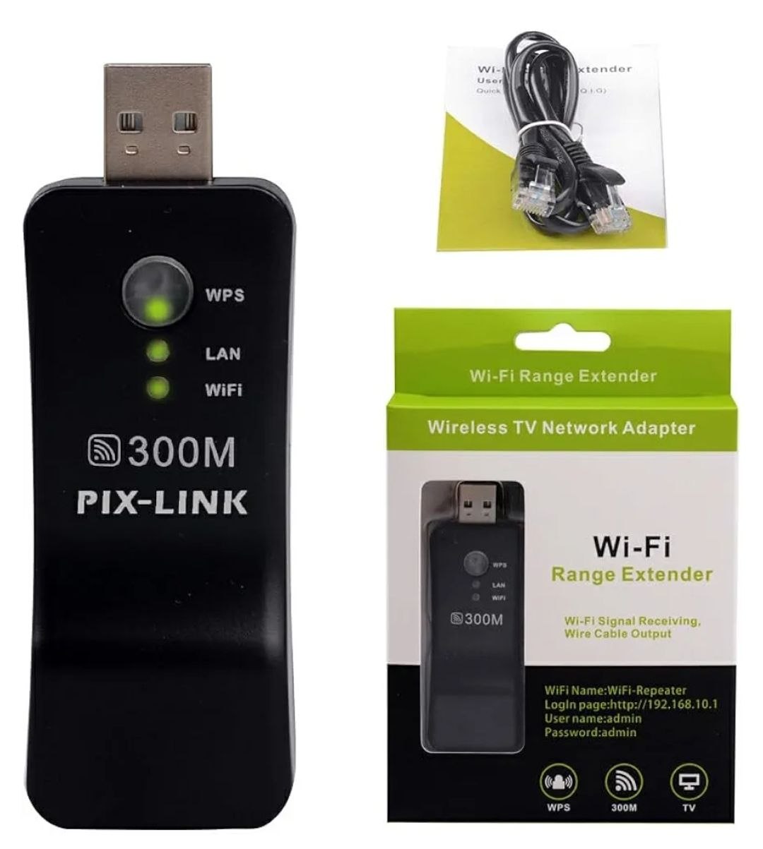 Adaptador Wi-Fi USB Repetidor 300M PIX-LINK Para Smart TV PC Cable Ethernet RJ45