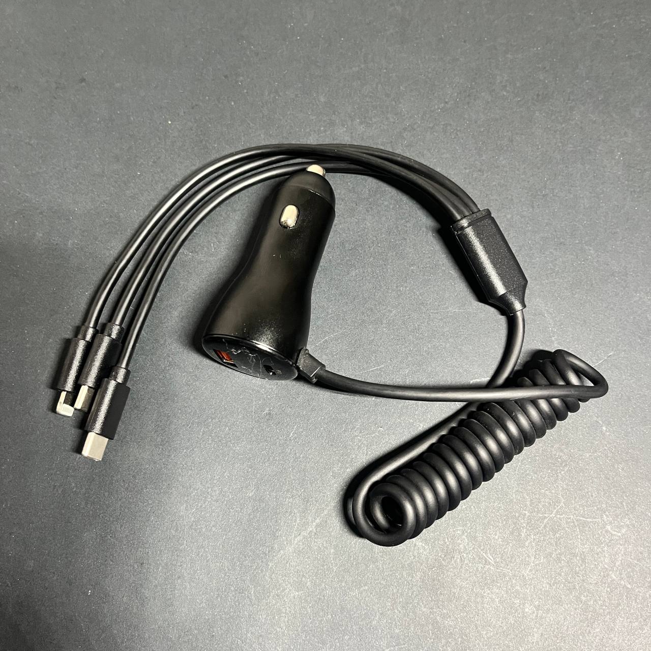 Cargador Vehicular 3 en 1 con Cable Espiral Tipo C, Lightning y Micro USB, QC3.0 y PD