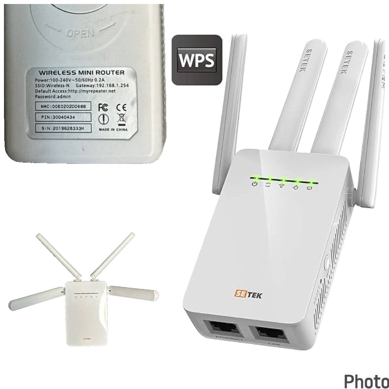 Mini Router/Repetidor de la marca SETEK (Modelo SE-02). Cuenta con 4 antenas