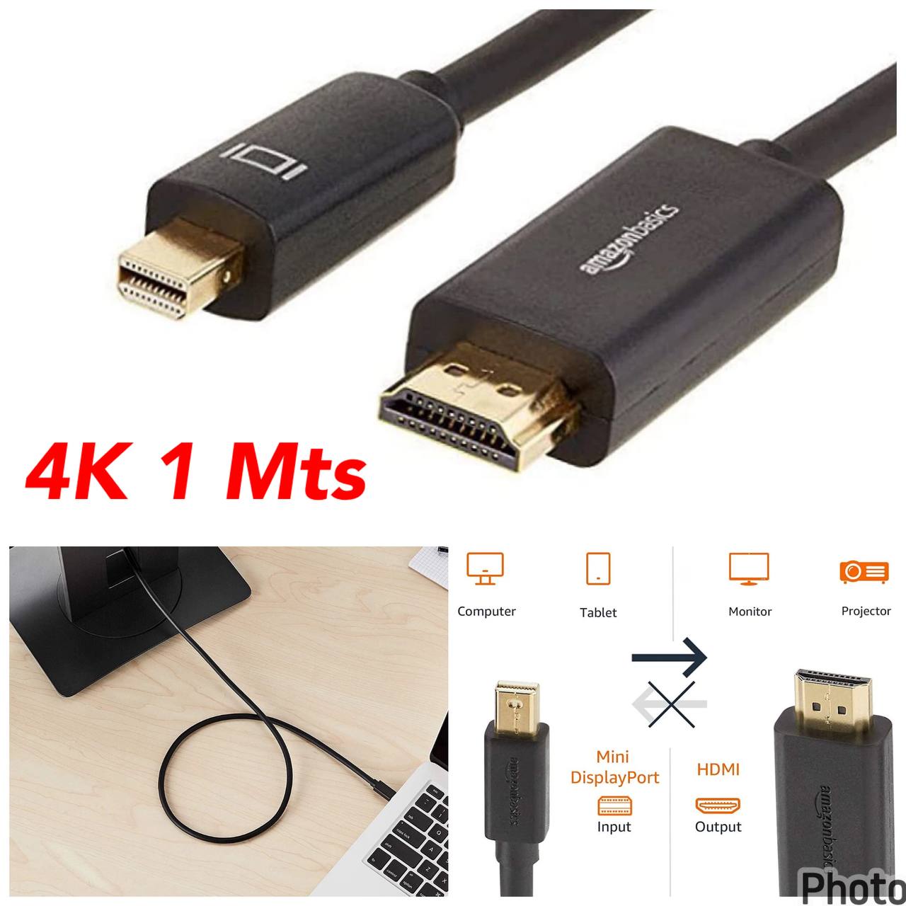 Cable AmazonBasics Mini DisplayPort a HDMI, 1 metro, Resolución 4K