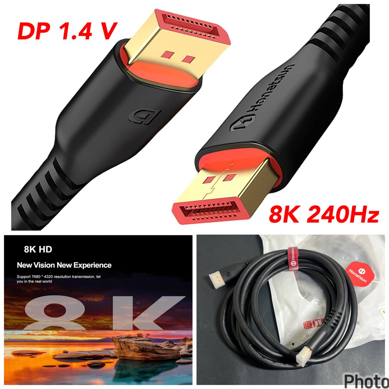3 Metros, Cable DisplayPort 1.4 Honetsun 8K 240Hz Soporte 7680x4320