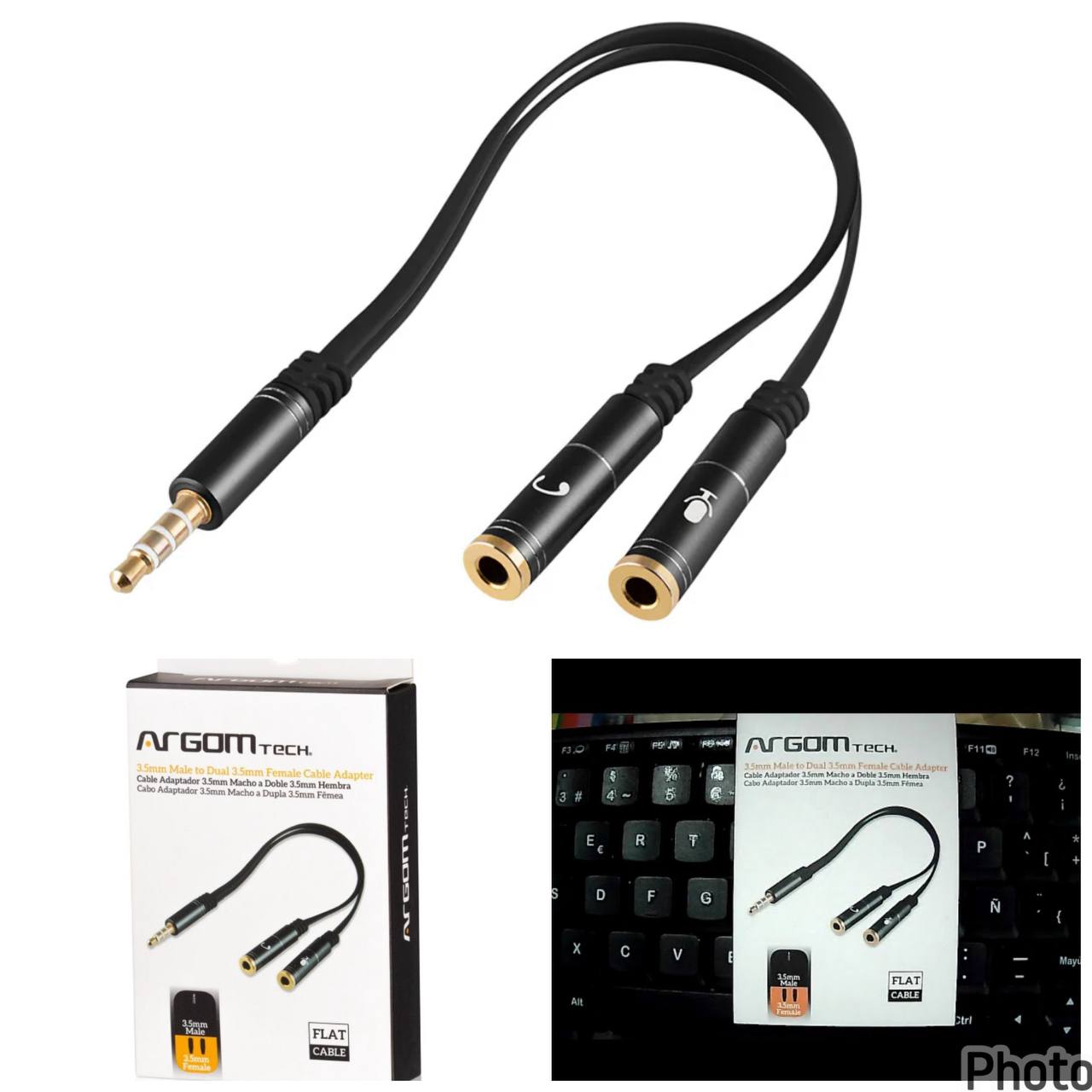 Adaptador Cable Divisor ArgomTech 3.5mm Macho a Doble Hembra Estéreo Audio Micrófono