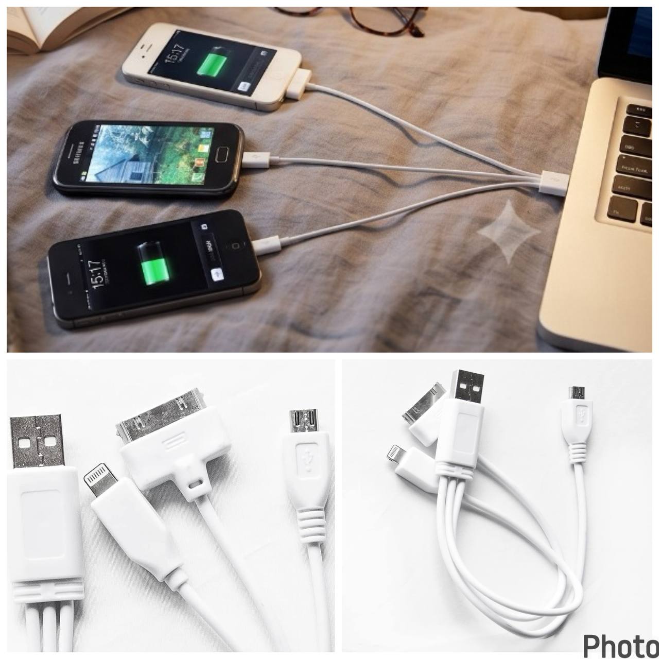 Cable Multiconector USB 3 en 1: Lightning 30-pines, Micro-USB y Lightning 8-pin